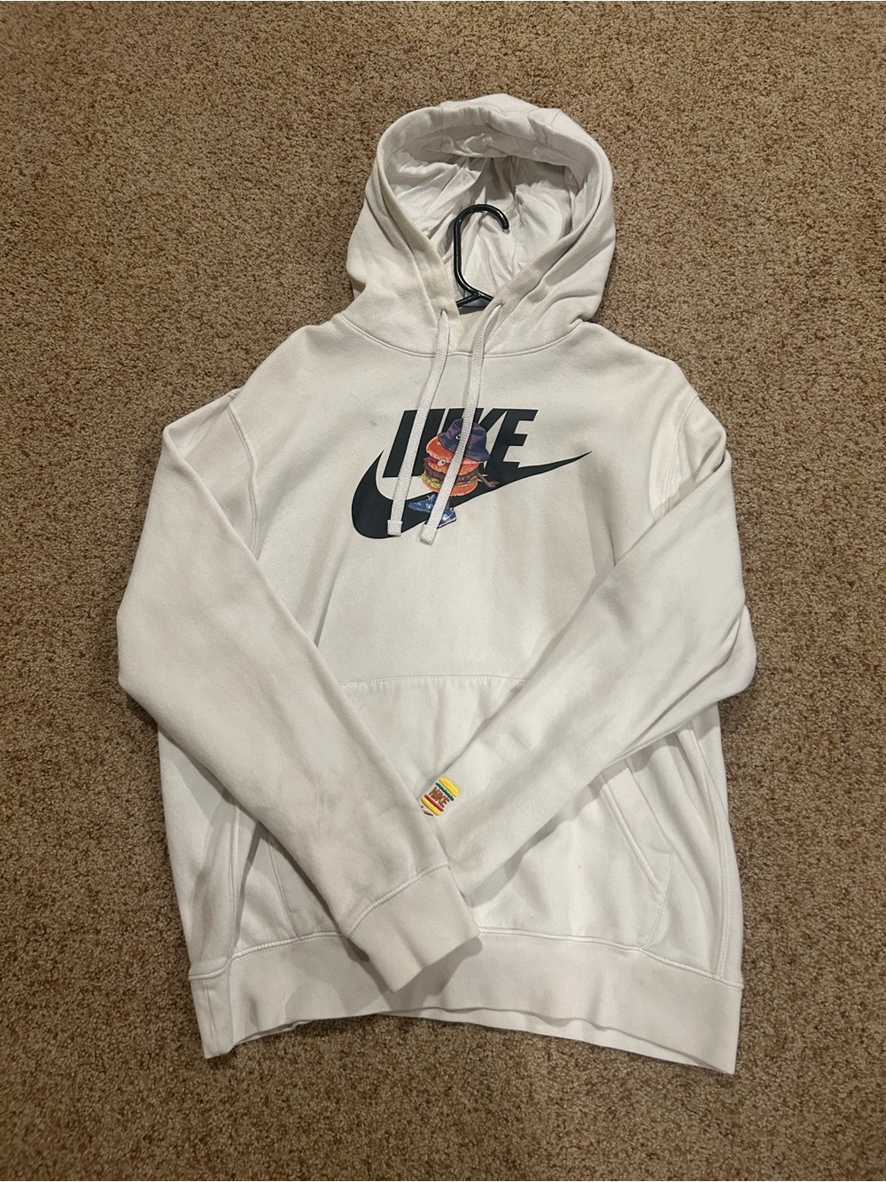 Nike White Hoodie with Black Swoosh and Multicolor Graphic